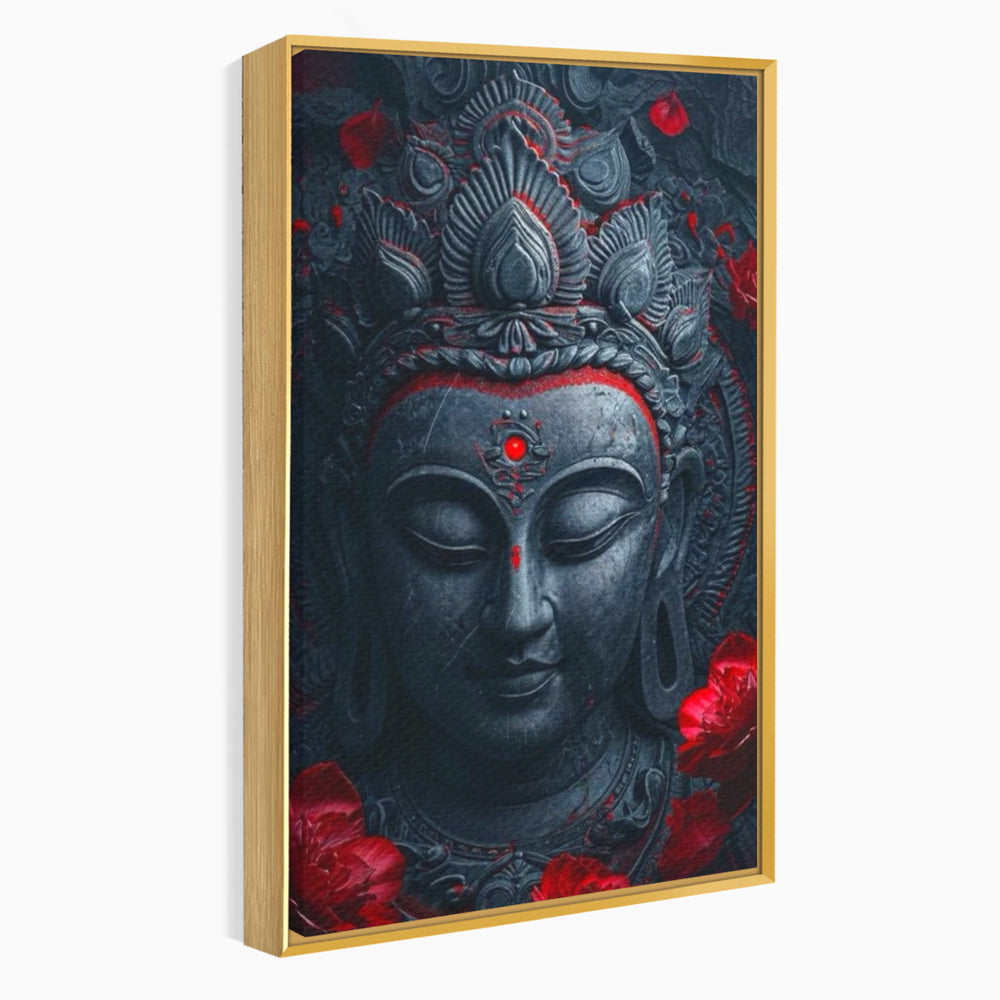Tablou canvas cu tablou canvas cu capul lui buddha, in rama de aluminiu auriu